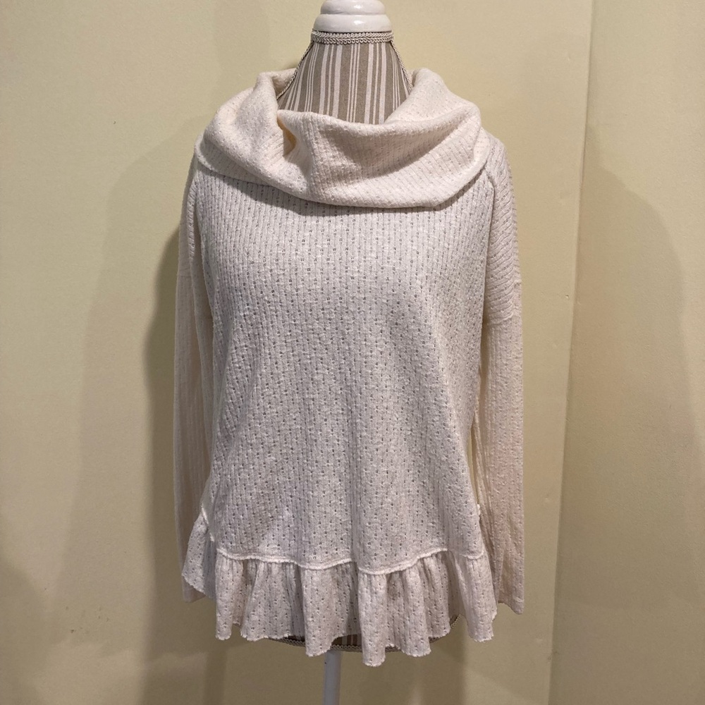Maeve Sweater Small Ivory Beige Women's Addie Ruffled Hacci Pullover Cowl Neck